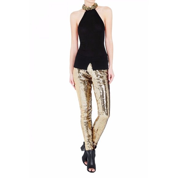 SASS & BIDE "Vinyl Rendition" Gold Sequinned STRETCH PENCIL PANTS NWT S1E1 - Picture 1 of 5